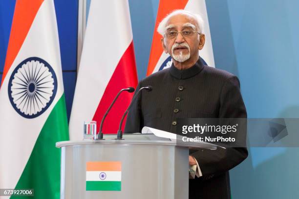 Vice President of India Mohammad Hamid Ansari during the press conference at Chancellery of the Prime Minister in Warsaw, Poland on 27 April 2017