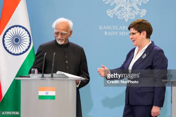 Vice President of India Mohammad Hamid Ansari and Prime Minister of Poland Beata Szydlo during the press conference at Chancellery of the Prime...