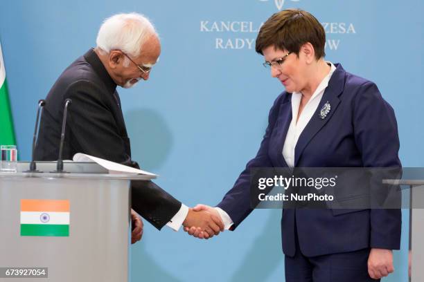 Vice President of India Mohammad Hamid Ansari and Prime Minister of Poland Beata Szydlo during the press conference at Chancellery of the Prime...