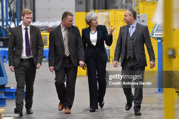 Prime Minister Theresa May speaks with Lee Rowley, Conservative Candidate for North East Derbyshire , Andrew McArthur, Engineering Manager and...