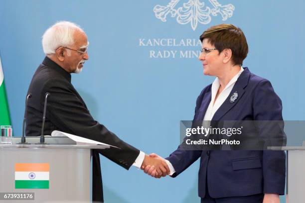 Vice President of India Mohammad Hamid Ansari and Prime Minister of Poland Beata Szydlo during the press conference at Chancellery of the Prime...