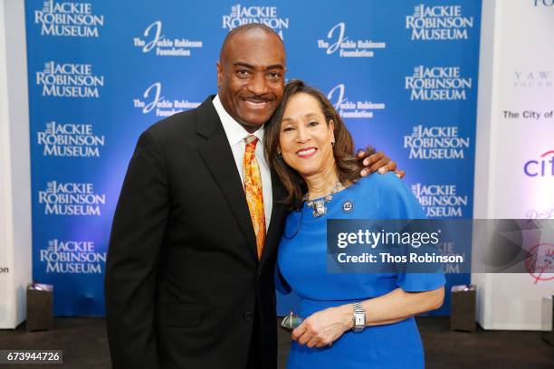 Reggie Van Lee and Della Britton Baeza attend the Jackie Robinson Museum Groundbreaking at the Jackie Robinson Foundation on April 27, 2017 in New...