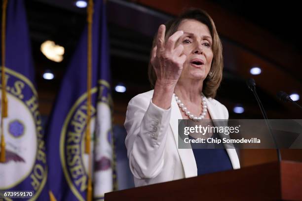 House Minority Leader Nancy Pelosi talks to reporters during her weekly news conference at the U.S. Capitol Visitors Center April 27, 2017 in...