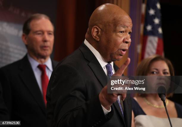 Rep. Elijah Cummings speaks as Sen. Tom Udall and Rep. Linda Sanchez look on during a news conference at the Capitol April 27, 2017 in Washington,...