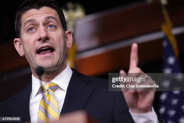 Speaker of the House Paul Ryan talks to reporters during his weekly news conference at the U.S. Capitol Visitors Center April 27, 2017 in Washington,...