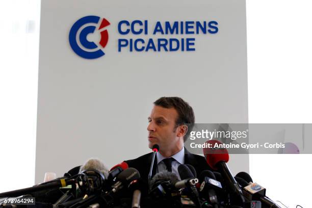 Emmanuel Macron, French presidential candidate speaks during a news conference after a meeting with union representatives for Whirlpool Corp....