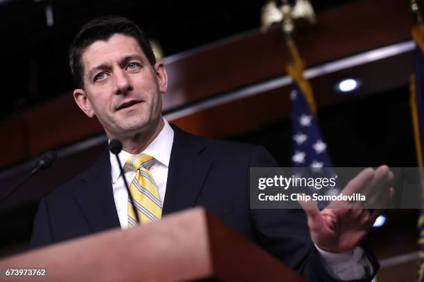 Speaker of the House Paul Ryan talks to reporters during his weekly news conference at the U.S. Capitol Visitors Center April 27, 2017 in Washington,...