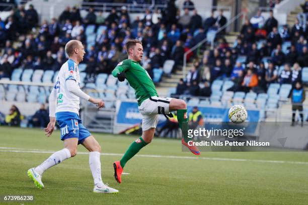 Tommy Thelin of Jonkopings Sodra IF shoots during the Allsvenskan match between IFK Norrkoping and Jonkopings Sodra IF at Ostgotaporten on April 27,...