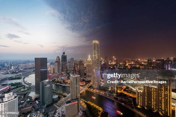 tianjin urban skyline, day to night - sequenz tag und nacht stock-fotos und bilder