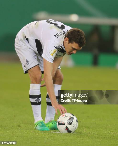 Andreas Christensen of Moenchengladbach controls the ball during the DFB Cup semi final match between Borussia Moenchengladbach and Eintracht...