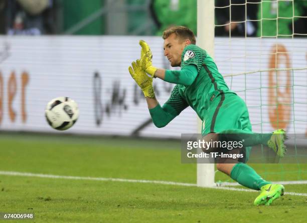 Goalkeeper Lukas Hradecky of Frankfurt in action during the DFB Cup semi final match between Borussia Moenchengladbach and Eintracht Frankfurt at...