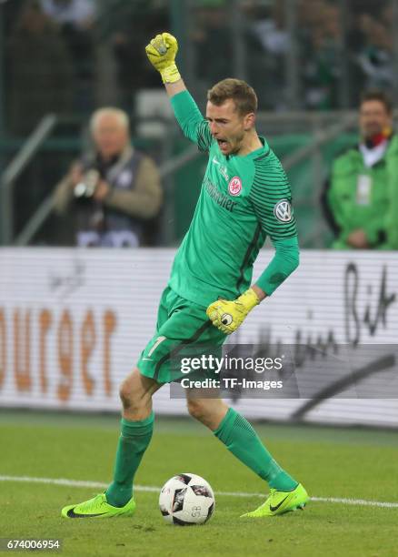 Goalkeeper Lukas Hradecky of Frankfurt gestures during the DFB Cup semi final match between Borussia Moenchengladbach and Eintracht Frankfurt at...