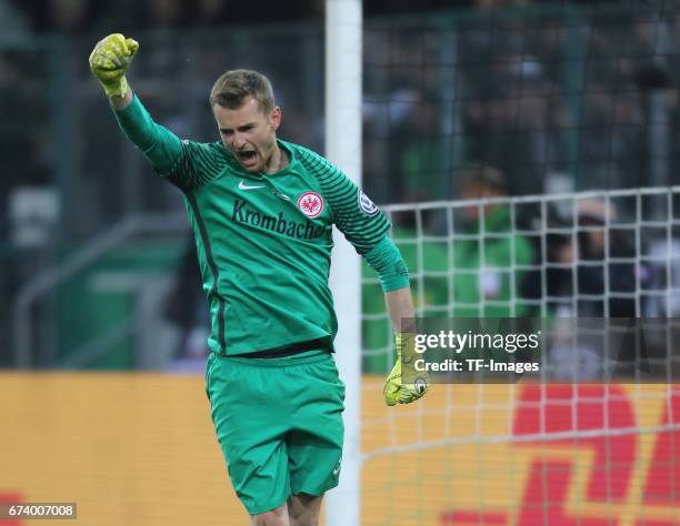 Goalkeeper Lukas Hradecky of Frankfurt gestures during the DFB Cup semi final match between Borussia Moenchengladbach and Eintracht Frankfurt at...