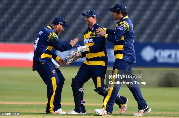 Members of the Glamorgan side celebrate victory during the Royal London One-Day Cup between Gloucestershire and Glamorgan at The Brightside Ground on...