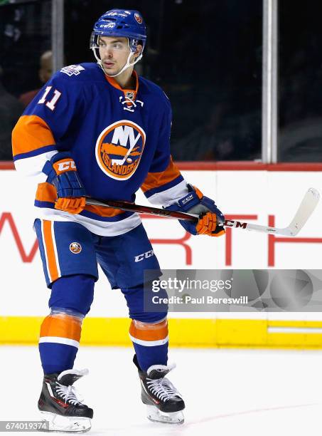 Shane Prince of the New York Islanders plays in the game against the Tampa Bay Lightning at Barclays Center on April 4, 2016 in Brooklyn borough of...