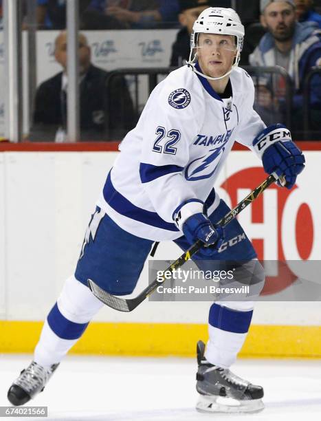 Erik Condra of the Tampa Bay Lightning plays in the game against the New York Islanders at Barclays Center on April 4, 2016 in Brooklyn borough of...