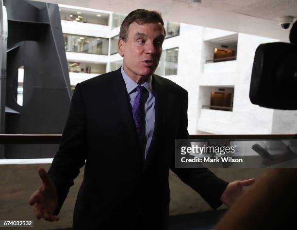 Sen. Mark Warner , speaks to the media before attending a Senate Select Committee on Intelligence closed door meeting at the U.S. Capitol, on April...