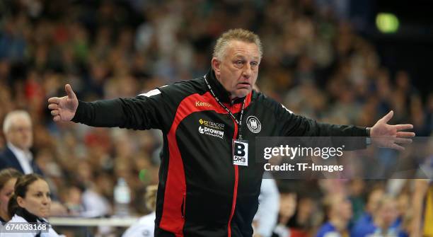 March 19: Head coach Michael Biegler of Germany gestures during the match Germany vs. Sweden at Barclaycard Arena in Hamburg, Germany.