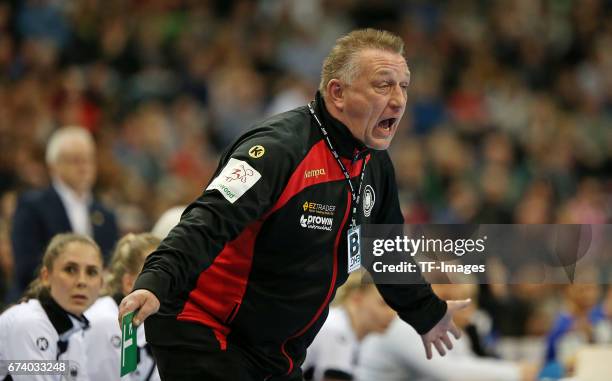 March 19: Head coach Michael Biegler of Germany gestures during the match Germany vs. Sweden at Barclaycard Arena in Hamburg, Germany.