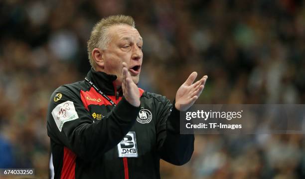 March 19: Head coach Michael Biegler of Germany gestures during the match Germany vs. Sweden at Barclaycard Arena in Hamburg, Germany.