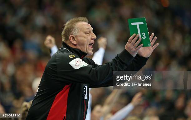 March 19: Head coach Michael Biegler of Germany gestures during the match Germany vs. Sweden at Barclaycard Arena in Hamburg, Germany.