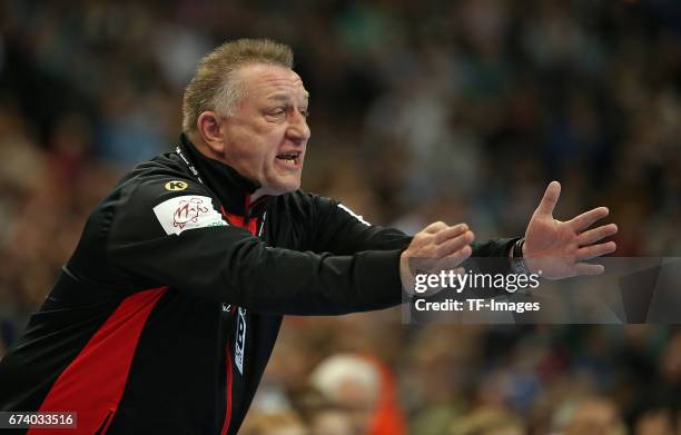 March 19: Head coach Michael Biegler of Germany gestures during the match Germany vs. Sweden at Barclaycard Arena in Hamburg, Germany.