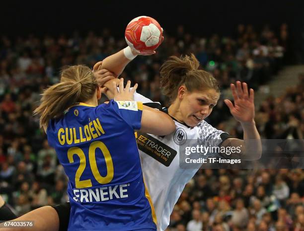 March 19: Isabelle Gullden of Sweden and Xenia Smits of Germany battle for the ball during the match Germany vs. Sweden at Barclaycard Arena in...