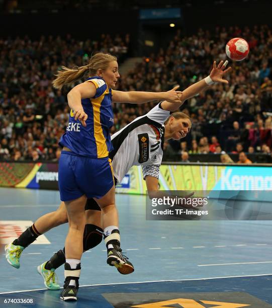 March 19: Isabelle Gullden of Sweden and Xenia Smits of Germany battle for the ball during the match Germany vs. Sweden at Barclaycard Arena in...