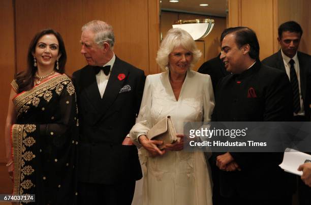 To R Nita Ambani, Prince Charles and Camilla and Mukesh Ambani during the British Asian Trust India Advisory Dinner at Trident, Nariman Point in...