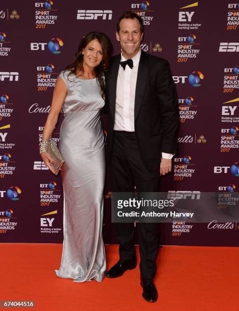 Annabel Croft and Greg Rusedski pose on the red carpet during the BT Sport Industry Awards 2017 at Battersea Evolution on April 27, 2017 in London,...