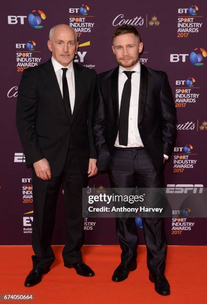 Barry McGuigan and Carl Frampton pose on the red carpet during the BT Sport Industry Awards 2017 at Battersea Evolution on April 27, 2017 in London,...