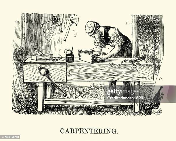 ilustraciones, imágenes clip art, dibujos animados e iconos de stock de victoriana hombre practicando la carpintería - carpintero