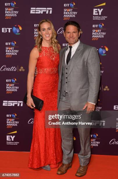 Helen Glover and Steve Backshall pose on the red carpet during the BT Sport Industry Awards 2017 at Battersea Evolution on April 27, 2017 in London,...