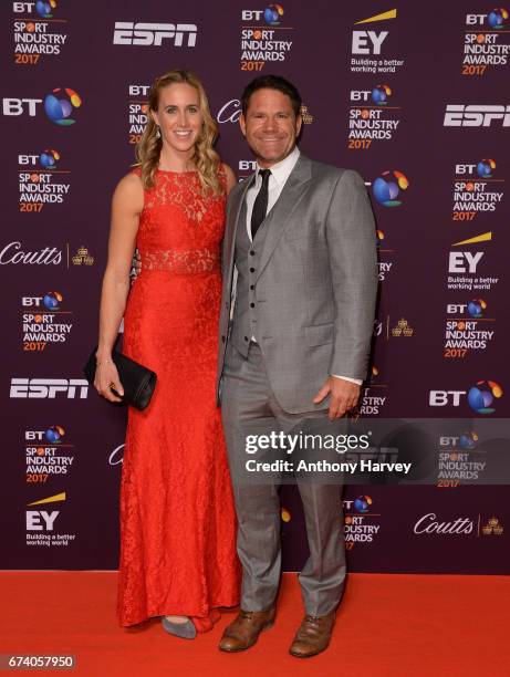 Helen Glover and Steve Backshall pose on the red carpet during the BT Sport Industry Awards 2017 at Battersea Evolution on April 27, 2017 in London,...