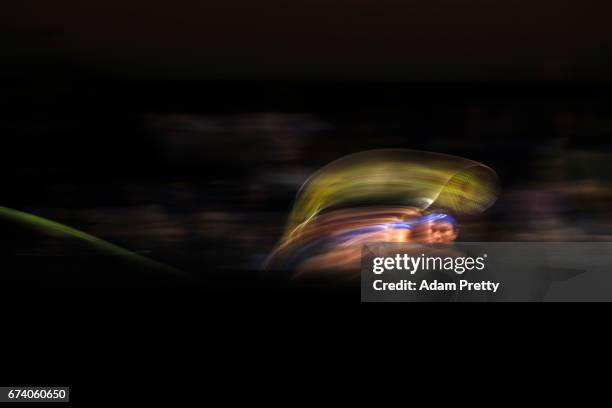 Anastasija Sevastova of Latvia plays a forehand during her match against Johanna Konta of Great Britain plays a forehand during the Porsche Tennis...