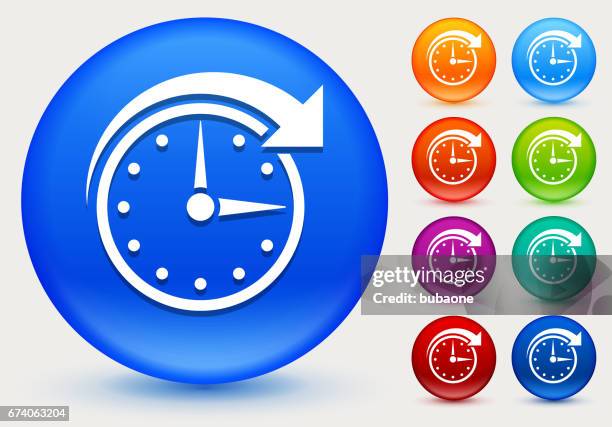 clock time icon on shiny color circle buttons - orange alarm clock stock illustrations