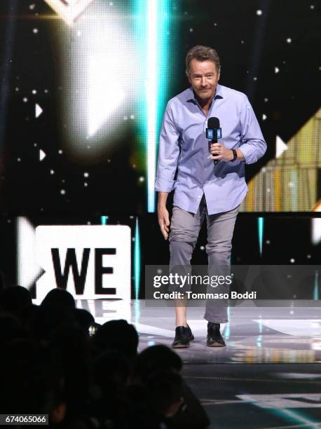 Actor Bryan Cranston speaks osntage at WE Day California to celebrate young people changing the world at The Forum on April 27, 2017 in Inglewood,...