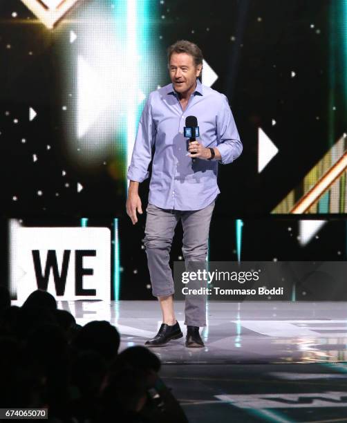 Actor Bryan Cranston speaks osntage at WE Day California to celebrate young people changing the world at The Forum on April 27, 2017 in Inglewood,...