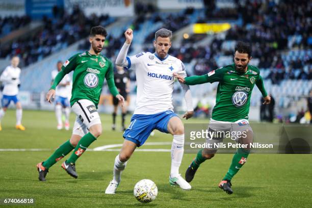 Filip Dagerstal of IFK Norrkoping and Andre Calisir of Jonkopings Sodra IF competes for the ball during the Allsvenskan match between IFK Norrkoping...