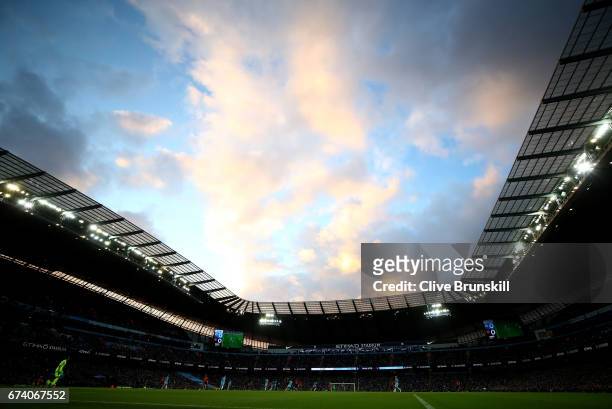 General view from inside the stadium during the Premier League match between Manchester City and Manchester United at Etihad Stadium on April 27,...