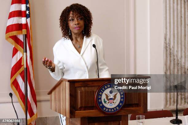 Actor Beverly Todd speaks at the Media Solutions Summit at the Russell Senate Office Building on April 27, 2017 in Washington, DC. The summit was...