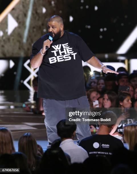 Khaled speaks onstage at WE Day California to celebrate young people changing the world at The Forum on April 27, 2017 in Inglewood, California.