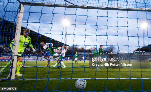 Kalle Holmberg of IFK Norrkoping scores to 2-0 during the Allsvenskan match between IFK Norrkoping and Jonkopings Sodra IF at Ostgotaporten on April...