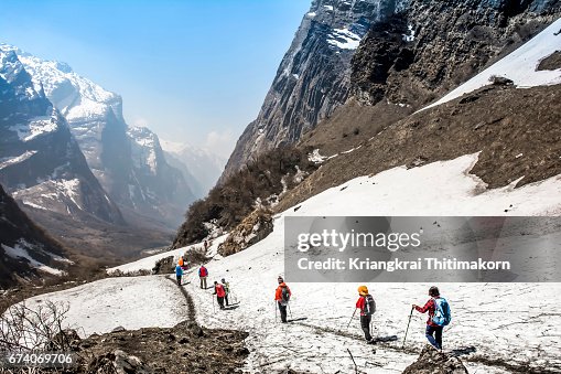 Annapurna Base Camp Trekking: trekkers were walking down from base camp. Annapurna Base Camp Trekking: trekkers were walking down from base camp.