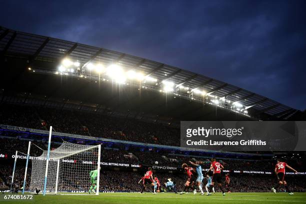General view of match action during the Premier League match between Manchester City and Manchester United at Etihad Stadium on April 27, 2017 in...
