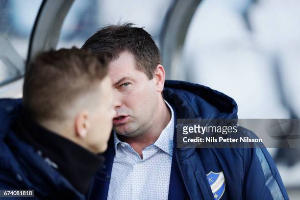 Jens Gustafsson, head coach of IFK Norrkoping during the Allsvenskan match between IFK Norrkoping and Jonkopings Sodra IF at Ostgotaporten on April...