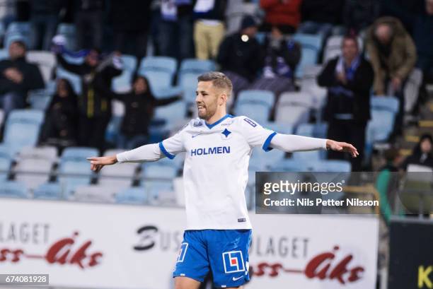 Filip Dagerstal of IFK Norrkoping celebrates after scoring to 3-0 during the Allsvenskan match between IFK Norrkoping and Jonkopings Sodra IF at...