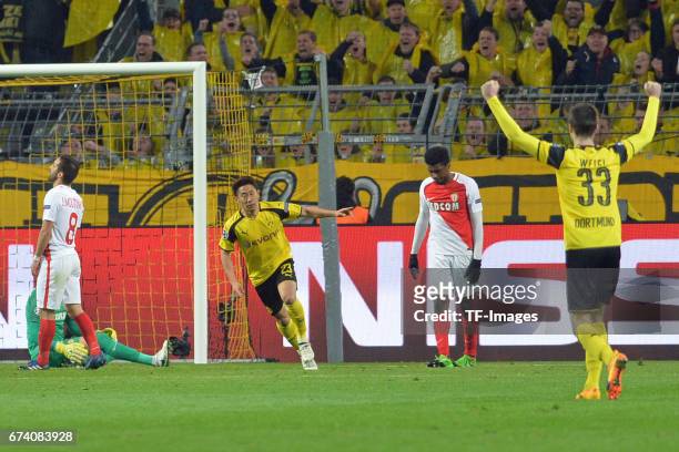 Shinji Kagawa of Dortmund score a goal during to the UEFA Champions League Quarter Final: First Leg match between Borussia Dortmund and AS Monaco at...