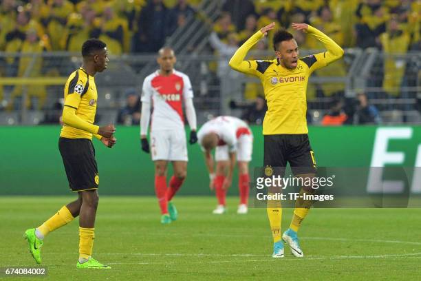 Ousmane Dembelé of Dortmund and Pierre-Emerick Aubameyang of Dortmund looks on during to the UEFA Champions League Quarter Final: First Leg match...