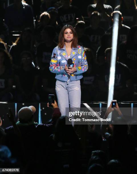 Host of WE Day California, actress/singer and UNICEF Goodwill Ambassador Selena Gomez speaks onstage at WE Day California to celebrate young people...